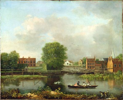 川の風景、おそらく1800-10年のロチェスターブリッジのウエストエンドからの眺め 作： John Inigo Richards