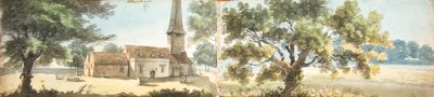 旧エルサム教会とオークの木、ケント州（水彩画） 作： John Inigo Richards