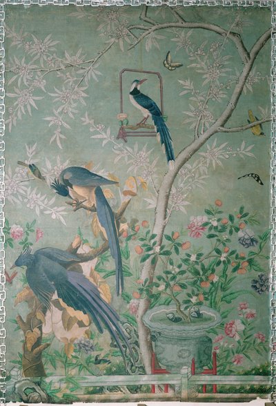 The Birds of America」から切り取ったカササギ・カケスのペアを、手描きの中国製壁紙に貼り付けた（コラージュ）。 作： John James Audubon