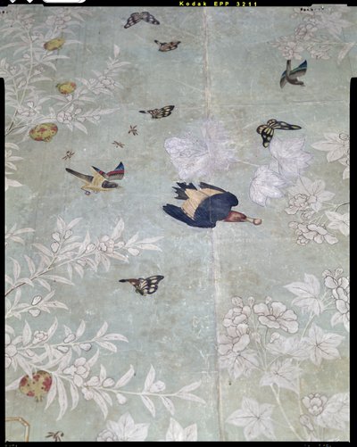 The Birds of America」から切り取ったアカゲラを、手描きの中国製壁紙に貼り付けたもの（コラージュ）。 作： John James Audubon