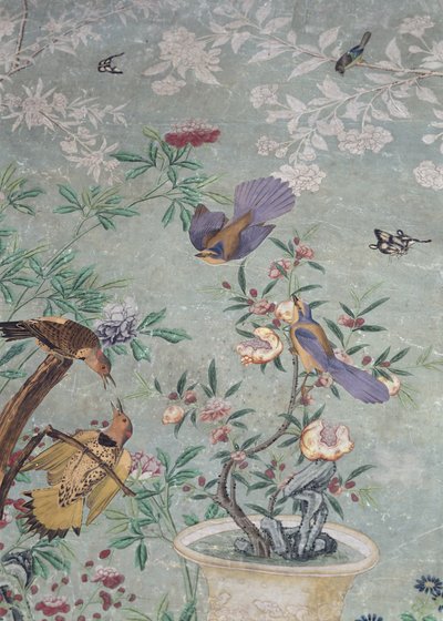 The Birds of America」から切り取った黄軸のフリッカーを、手描きの中国製壁紙に貼り付けたもの（コラージュ）。 作： John James Audubon