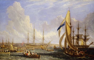 1815年8月、プリマス（イギリス）前の海上風景。油彩・キャンバス 作： John James Chalon