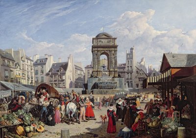 1823年パリ、無邪気な人々の市場と噴水 作： John James Chalon