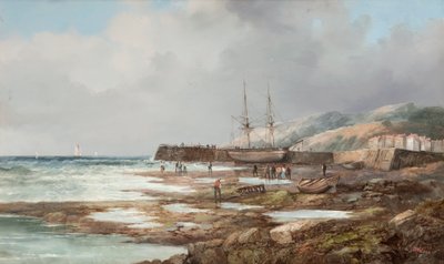 無題[村を背景にしたドッキング帆船] 作： John James Wilson
