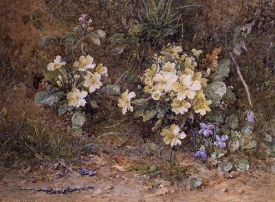 苔の生えた土手に咲くサクラソウとスミレの花 作： John Jessop Hardwick