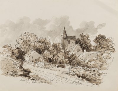 Kewstoke Church and Village、Weston Super Mare、サマセット、1882年（紙にペン、筆、インク） 作： John Joseph Barker