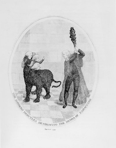 ファナタシズムのヒドラを破壊する現代ヘラクレス、1789 作： John Kay