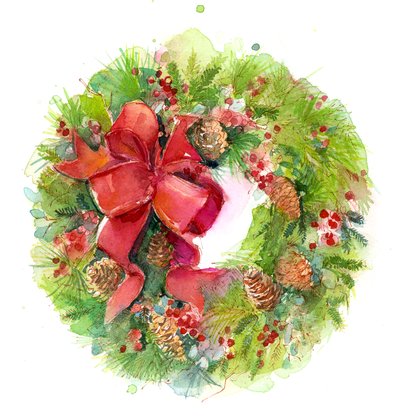 赤の弓、2016年のクリスマスリース（水彩） 作： John Keeling