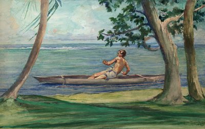 私たちの家の前を通り過ぎるカヌーの少年、バイアラ、サモア 作： John La Farge