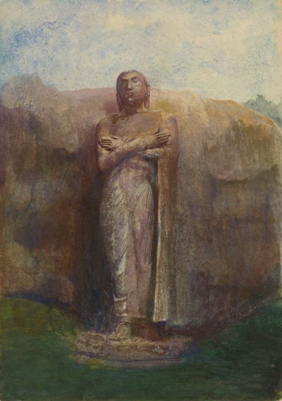 1891年、セイロンのポラナルアの廃墟の街の近くにあるアナンダの巨大な像 作： John La Farge