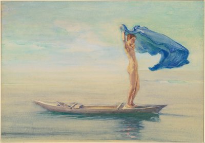 帆を張るために腰布を広げるカヌーの船首の少女、サモア 作： John La Farge