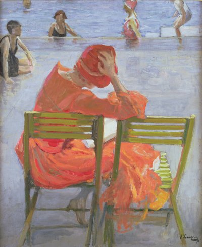スイミングプールで読書赤いドレスを着た女の子 作： John Lavery