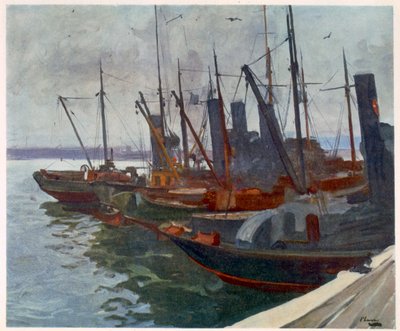 1918年の西部戦線の続き、前線のイギリス人アーティストによる港の掃海艇 作： John Lavery
