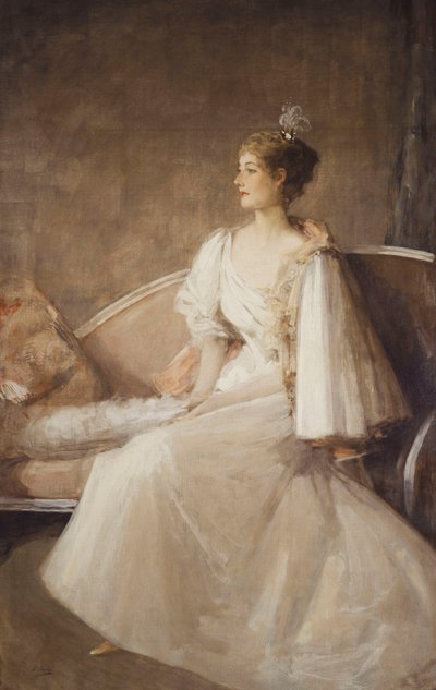ソファに座った女性の肖像、1900年頃（キャンバスに油彩） 作： John Lavery