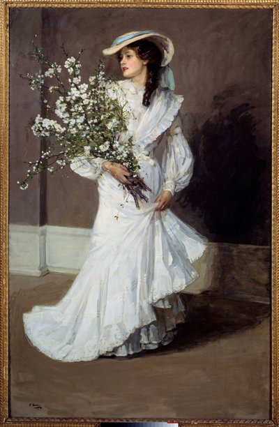 春。 春のアレゴリー：花束を持った白い服を着た女性の肖像画。 サー・ジョン・ラヴェリー (1856-1941) の絵画 作： John Lavery