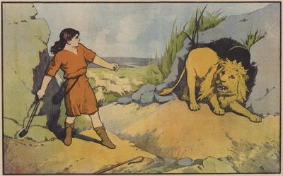 羊飼いの男の子であるデイビッドがライオンと戦う 作： John Lawson