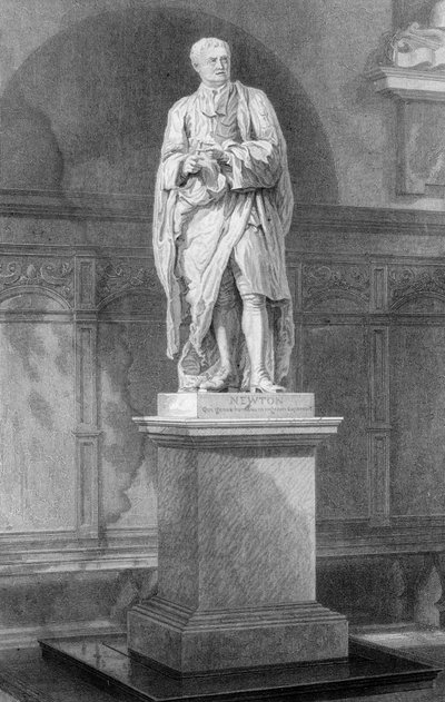 アイザックニュートン卿の像、イギリスの数学者、天文学者、物理学者、19世紀。 作： John Le Keux