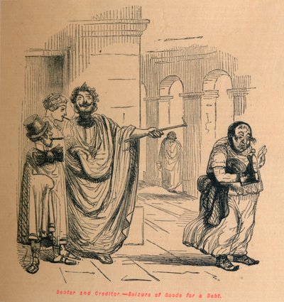 債務者と債権者-債務に対する商品の差し押さえ、1852 作： John Leech