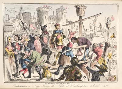 イングランドのコミックの歴史、パブからサウサンプトン、AD 1415でヘンリーVの乗船。 1864（手描きのエッチング） 作： John Leech