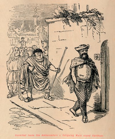 ハンニバルはアンバサダーを疲労の多いウォークラウンドカーセージでリードし、1852年 作： John Leech