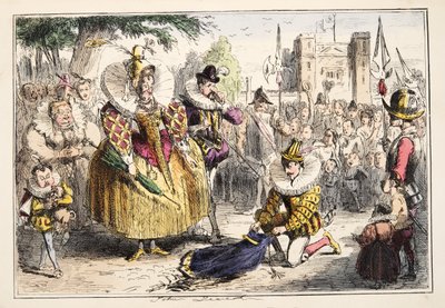 The Comic History of Englandのパブ、エリザベス女王とウォルターローリー卿。 1864（手描きのエッチング） 作： John Leech