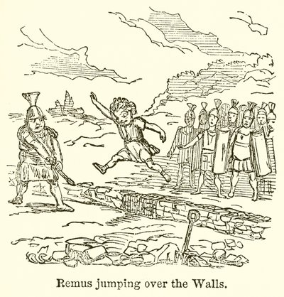 壁を飛び越えてレムス 作： John Leech