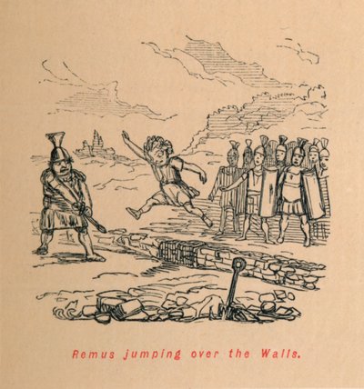 壁を飛び越えるレムス、1852 作： John Leech