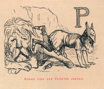 ローマのライオンとファレリアンジャッカス、1852年 作： John Leech