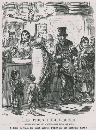 ビールとジンが混ぜ物にされるかもしれない、信心深い公営住宅 作： John Leech