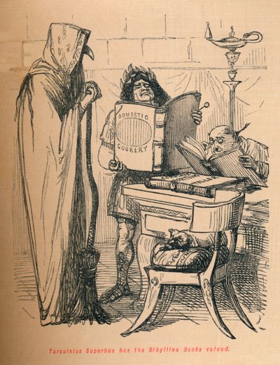 Tarquinius Superbusは1852年に評価されたSibylline Booksを持っています 作： John Leech