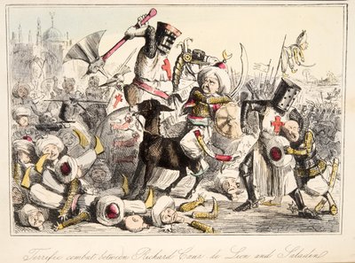The Comic History of Englandのリチャードクールドライオンとサラディンの素晴らしい戦闘、パブ。 1864（手描きのエッチング） 作： John Leech