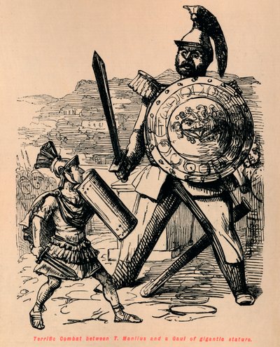 Tマンリウスと巨大な身長のガウルの間の恐るべき戦闘、1852年 作： John Leech