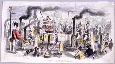蒸気機関車の登場を風刺するハイドパークの眺め、ロンドン、c1850 作： John Leech