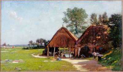 洗濯場、ノルマンディー、1918年頃 作： John Leslie Thomson