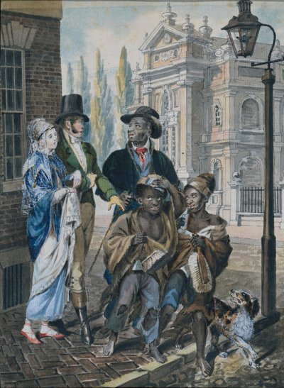 1811年から1813年頃、キリスト教会で煙突掃除人とその主人を質問する世間の人々。 作： John Lewis Krimmel