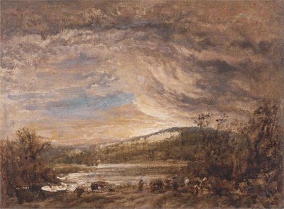川の風景、夕焼け 作： John Linnell