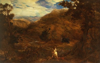 ダビデとライオンがいる広大な山岳樹木の風景 作： John Linnell