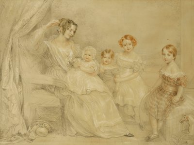 WSフライ夫人と4人の子供たちの肖像：エマ、ウィリー、ジュリー、ジョージナ、室内に座る、1840 作： John Linnell