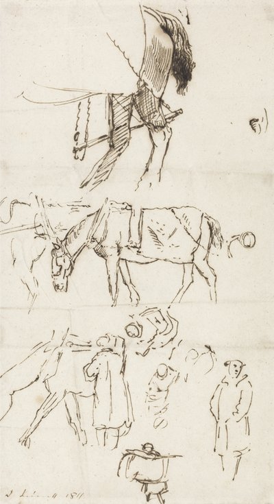 馬、男性と馬車の研究、1811（紙にペンと茶色のインク） 作： John Linnell