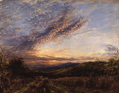 ムーアランドの風景に沈む夕日 1850年代初頭（パネルに油彩 作： John Linnell
