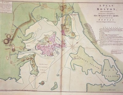 イギリス軍と反乱軍のアメリカ軍の位置を示すボストンとその周辺の平面図、1775 年 10 月作成、「北米アトラス」に掲載 作： John Lodge