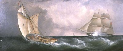 フランスのカッターとイギリスのフリゲート艦のすれ違い 作： John Lynn