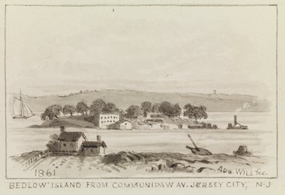 1861年、ニュージャージー州ジャージーシティのコミュニポー通りからのベッドロー島 作： John M. August Will