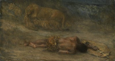 「ネメシス」と呼ばれる死んだ黒人男性の近くに子ライオンを連れた雌ライオン 作： John Macallan Swan