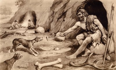 犬に餌をやる洞窟の男（リトグラフ） 作： John Macfarlane