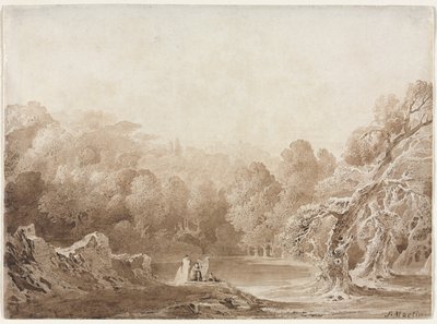 湖のそばで他の人物とハープを弾く男、1820年。 作： John Martin