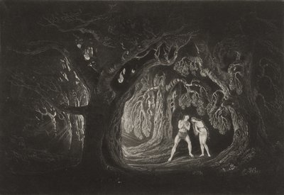 全能者の声を聞くアダム、1827年頃（メゾチント） 作： John Martin