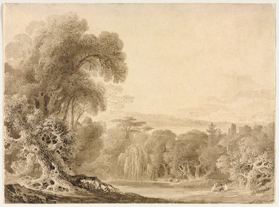 樹木が茂った風景の中の湖のそばに座っている人物 作： John Martin