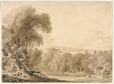 樹木が茂った風景の中の湖のそばに座っている人物、1820年。 作： John Martin