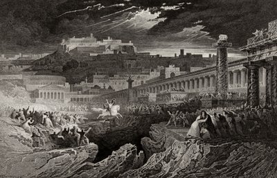 H. Le Keuxによって刻まれた、裂け目に乗るマーカスクルティウス 作： John Martin